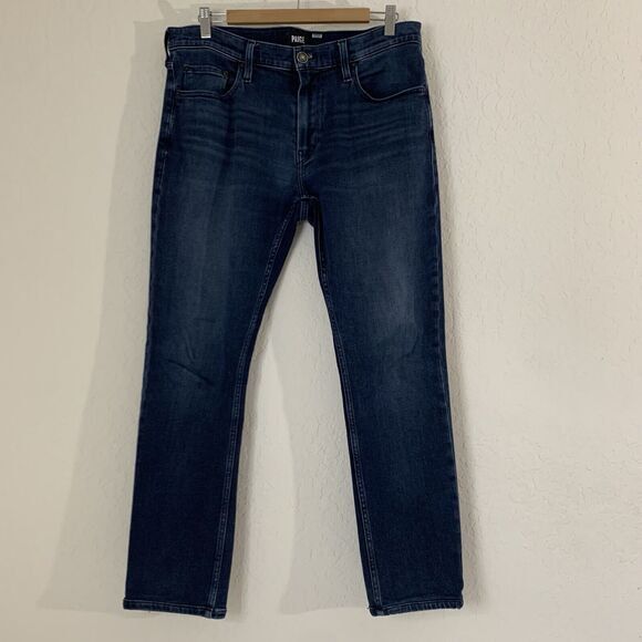 PAIGE Lennox Jeans Men 33 Slim Fit Transcend Egan Dark Wash Blue Denim Taper USA - Picture 1 of 10